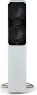 Q Acoustics 5050 floorstanding speaker, rectangular matte white wooden cabinet with rounded edges, dual symmetrical mid-bass drivers flanking a tweeter on a black baffle, resting on a metal spike stand, front view