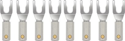 Wireworld Uni-Term Gabelschuhe Silber, Set mit 8 silberfarbenen Audiosteckern mit gerändeltem Griff und vergoldeter Schraube