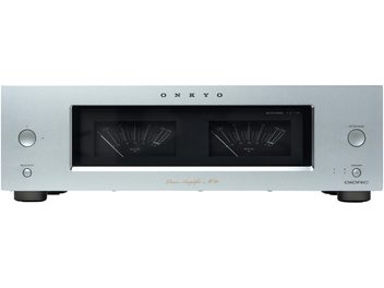 Ενισχυτής ισχύος Onkyo ICON M-80 σε ασημί βουρτσισμένο μέταλλο, όψη εμπρός, διπλό κεντρικό βελονοδείκτη (vumètre), δύο πλαϊνοί ρυθμιστικοί διακόπτες