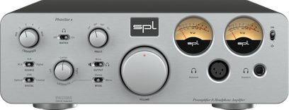 SPL Phonitor X -hopeinen hifi-kuuloke-esivahvistin metallisella etupaneelilla, kahdella VU-mittarilla, pyörivillä säätimillä ja kytkimillä