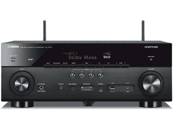 Yamaha RX-A780 sort home cinema-forstærker, set forfra, display viser "HDMI 1 Dolby Atmos -40.0", knapper og stik på forsiden