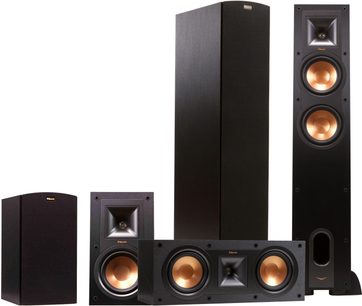 Klipsch R26F 5.0 sort højtalerpakke i sort, bestående af to gulvhøjtalere, to reolhøjtalere og en centerhøjttaler, set forfra