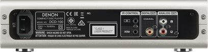 Sølvfarvet Denon DCD-100 kompakt CD-afspiller, set forfra, med analoge og digitale lydstik, LED-display og kontrolknapper