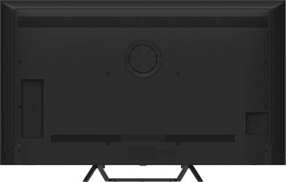 Vista trasera del televisor de alta definición Panasonic TV-55W95BEG, carcasa de plástico negro texturizado con gran círculo central para fijación, rejillas de ventilación horizontales y dos patas metálicas en forma de V.