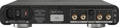 Préamplificatore phono SPL Phonos rosso visto da dietro con connettori RCA, interruttore, presa di corrente, morsetto Audio GND e istruzioni stampate