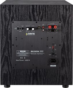 Davis Acoustics Basson 777 sort subwooferkasse, trækasse, bagside med knapper, RCA, terminaler og IEC-stik