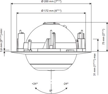 Teknisk diagram med dimensioner af en rund loftadapter til indbygningshøjttaler, set i tværsnit