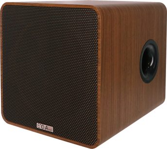 Sada reproduktorů 2.1 VELA 2.1 8A, dřevěný subwoofer s ořechovým povrchem, černá texturovaná přední mřížka, boční kruhový černý basový port