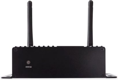 Nätverksljudspelare ArtSound Smart Stream, bakre vy, svart hölje, 2 vertikala antenner, "STATUS"-indikator till vänster