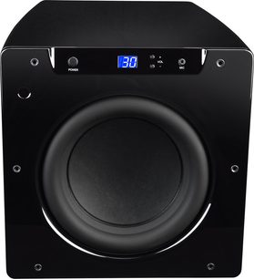 Velodyne SPL-1200U sort subwoofer, nærbillede forfra, blå LED-display "30", sort rund højttaler i midten