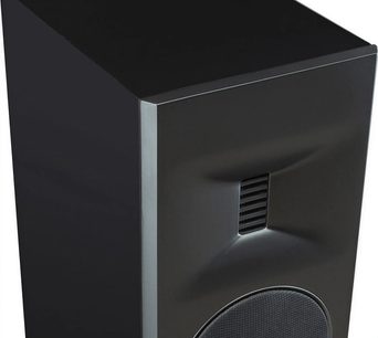 Diffusore da scaffale MartinLogan Motion Xt B100 nero laccato, vista ravvicinata del frontale con tweeter a nastro
