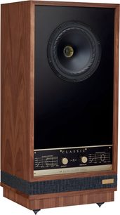 Diffusore da pavimento Fyne Audio Classic X noce, legno di noce, frontale nero, altoparlante coassiale, 2 manopole dorate, vista tre quarti