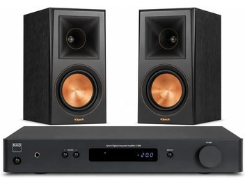 Amplificador integrado NAD C 338 negro con pareja de altavoces de estantería Klipsch con conos cobrizos