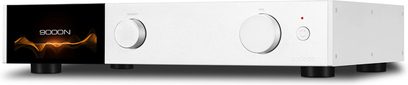 Nätverksljudspelare Audiolab 9000N silver med svart skärm som visar "9000N", två runda knappar och en röd lysande knapp