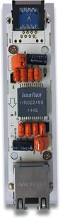 SOTM Audio ISO-CAT6 Ethernet-netværkskabel RJ45, frontvisning, orange stik, grå printplade med elektroniske komponenter