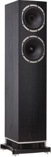 Fyne Audio F501 sort træhøjttaler, frontvisning, 2 runde højttalere i lodret, rektangulært kabinet med mat sort finish
