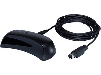 Передавач Xpand AE125-RF-PRO-S чорний глянсовий, вид спереду та з профілю, з чорним кабелем і роз'ємом mini-DIN на 3 контакти