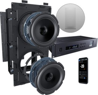 Systém vestavěných basových reproduktorů SVS 3000 In-Wall Dual Subwoofer černý se dvěma kulatými reproduktory a zesilovačem