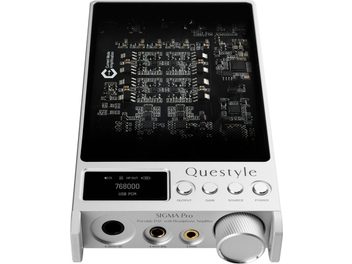 Questyle SIGMA Pro silver audio converter, top view, screen, exposed circuitry, and front headphone outputs