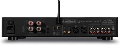 Stereo integrated hi-fi amplifier Audiolab 9000A rear view with RCA, XLR, coaxial, optical, USB connectors, antenna, and switch