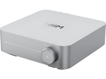 Stereo hi-fi integreret forstærker WiiM AMP sølv med rektangulært kabinet med afrundede hjørner, cirkulær knap på fronten