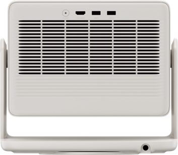 XGIMI Horizon S Pro projektor, set bagfra, vandret ventilationsgitter, 3 synlige porte, tænd/sluk-knap
