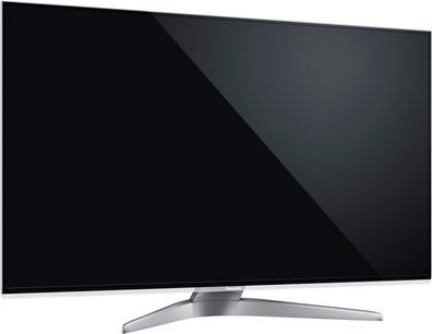 Panasonic TX-L47WT50 fladskærms-tv set forfra med skærmen slukket, sort blank skærm, smal mørk grå ramme, sølvfarvet centralt fod