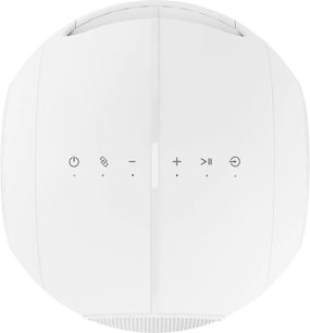 Cabasse The Pearl Myuki witte bluetooth-luidspreker, bovenaanzicht, bedieningsknoppen in het midden uitgelijnd