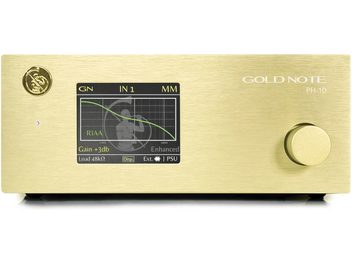 Preamplificator phono Gold Note PH-10 auriu cu afișaj grafic, buton rotativ și conectori pe față, într-un carcasă aurită
