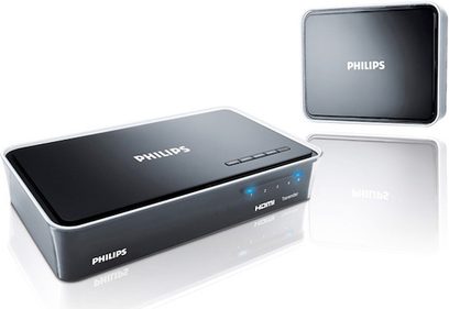 Philips SWW1800 trådløs sender i sort, set forfra og fra siden, med tændt blåt display, placeret på hvid overflade