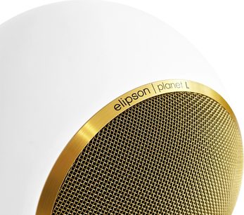 Elipson Planet L Performance mat witte gouden boekenplankluidspreker met gouden ronde grill en inscriptie op de bovenrand