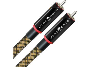 Wireworld Gold Eclipse 10 RCA Analog Audio Cable with black cylindrical connectors, red rings, and a gold braided sleeve