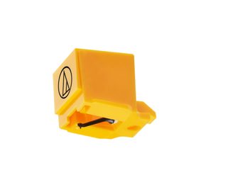 Diamant til Audio Technica ATN91 pladespillerpickup, gul, plastkrop, synlig sort nålespids, sidemonteret logo, set i profil