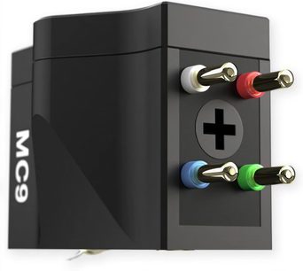Pick It MC9 black cartridge, angled view, gold-plated metal connectors with red, green, blue, and white colored tips, black "+" symbol