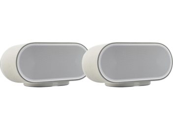 Sæt med to sølvfarvede Denon Home 600 trådløse højttalere, set forfra med afrundede perforerede gitre
