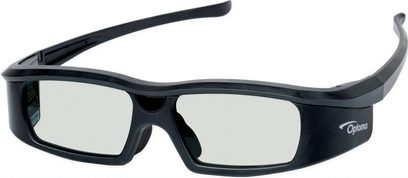 Černé 3D brýle Optoma ZF 2100, pohled zepředu, otevřené nožičky, průhledné obdélníkové čočky, plastový rámeček