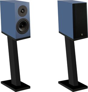 Акустична библиотека Davis Acoustics Courbet №3 синя, косо гледане, правоъгълен корпус, 2 кръгли високоговорителя, черна подставка