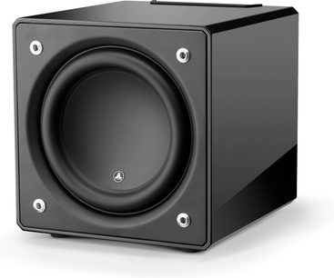 Субуфер JL Audio E-Sub e112 с черен лак, изглед отпред, кубична форма, централен кръгъл черен говорител