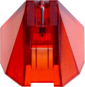 Diamante para toca-discos Ortofon Stylus 2M red, vista aproximada frontal, montura hexagonal vermelha transparente