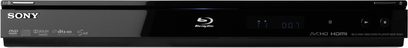Sony Blu-ray-afspiller BDP-S357, sort frontpanel, diskskuffe, berøringsknapper, blåt LED-display