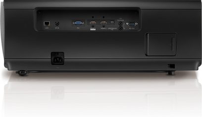 Benq X12000 sort videoprojektor, bagudvendt, HDMI-, USB-, VGA-, RS-232-tilslutninger, lydstik, netværksport, strømkabelindgang