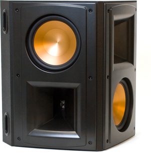 Klipsch RS-62 MkII højttaler, sort, frontvisning tæt på, gylden højttaler, sort diskant, rektangulær mat sort kabinet