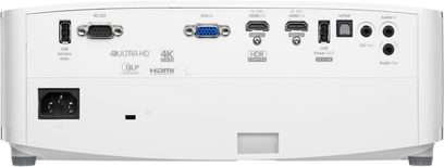 Optoma UHD30 videoprojektor, bagside, HDMI 2.0, HDMI 1.4, VGA, USB, RS-232, audio ind/ud, 4K UHD, HDR tilslutninger
