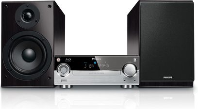 Philips MBD3000 sort hi-fi stereosystem med Blu-ray-afspiller, USB-port, blåt LED-display, 2 højttalere og basreflekskabinet