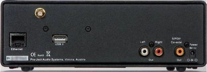 Pro-Ject Stream Box DS Net sort netværksaudioafspiller, bagside, audio- og netværksforbindelser, kontrolknapper