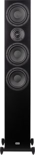Sloupový reproduktor Heco AURORA XT 700 v tmavém dubu, pohled zepředu, 4 černé kruhové reproduktory uspořádané vertikálně, obdélníkový podstavec