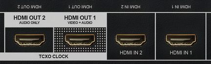 Černý zadní panel s porty HDMI IN 1/2 a HDMI OUT 1/2, z nichž jeden je pouze audio výstup, a s označením TCXO Clock