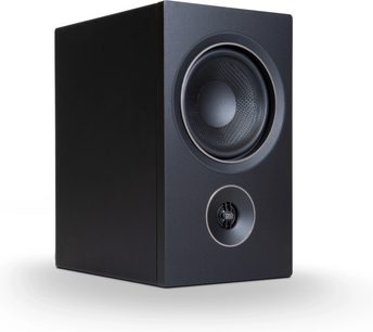 Reproduktorová knihovna PSB Alpha P5 jasan černý, pohled zepředu, basový reproduktor a výškový reproduktor, matná černá skříň