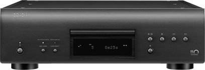Denon DCD-A110 sort CD-afspiller, frontvisning, digitalt display, knapper og kontrolhjul, 2 USB-porte