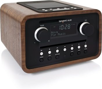 Radio Tangent Alio s dřevěným povrchem, LCD displej zobrazující čas 10:28, tlačítka a ovládací kolečka na přední straně